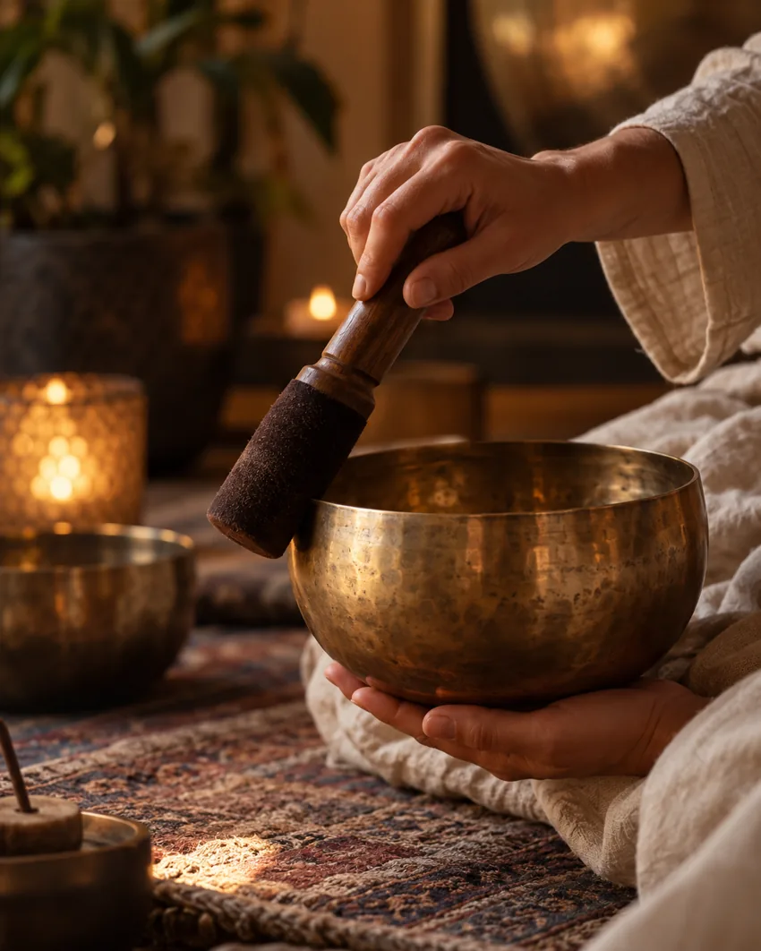 A singing bowl being played during a sound therapy session